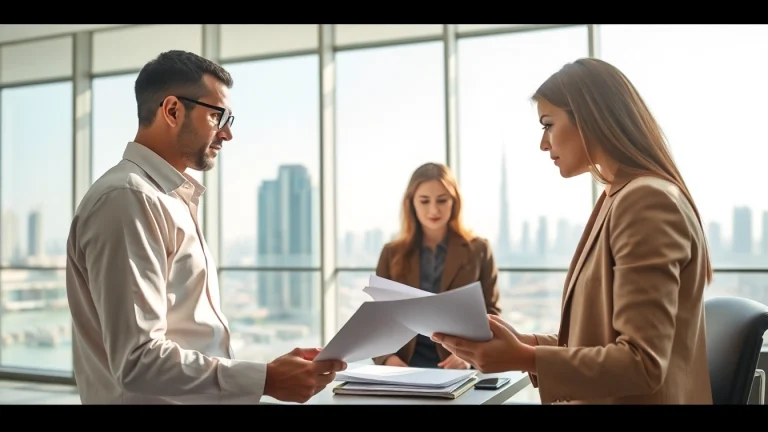 Tenant discussing ejari cancellation with a legal advisor in a modern Dubai office.