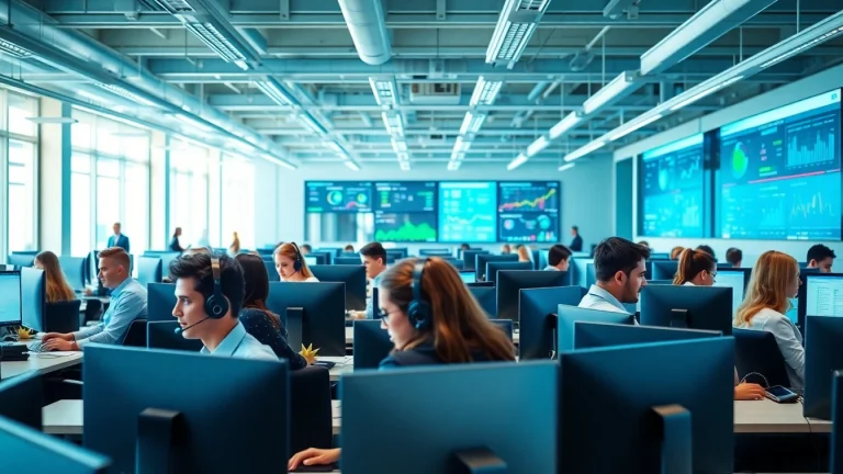 Agents providing Call center services in a vibrant, modern workspace with dynamic interactions.