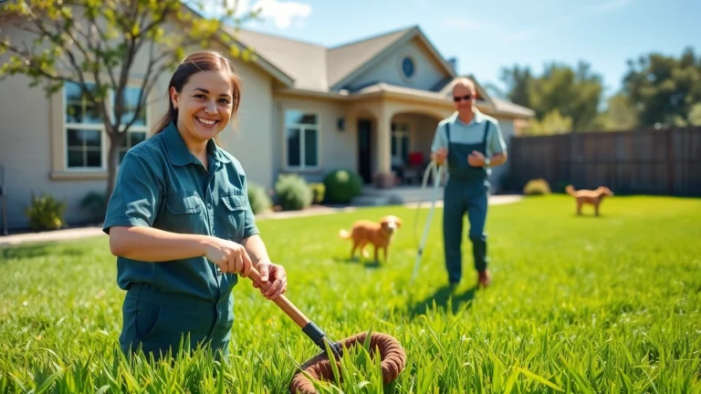 Efficient alamo ranch poop scooper maintaining a clean yard while dogs play in the background.