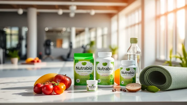 Nutrabio supplements showcased in a modern wellness setting with fresh fruits and vibrant packaging.