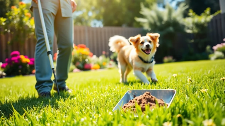 Action shot of a dog owner to clean up dog poop using a long-handled pooper scooper in a bright backyard.