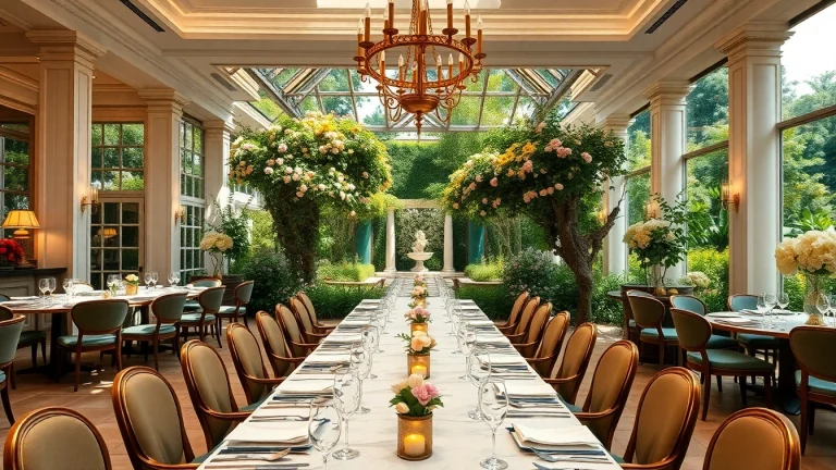 Experience beautiful dining at European Pesach hotels, featuring elegant tables and lush gardens.