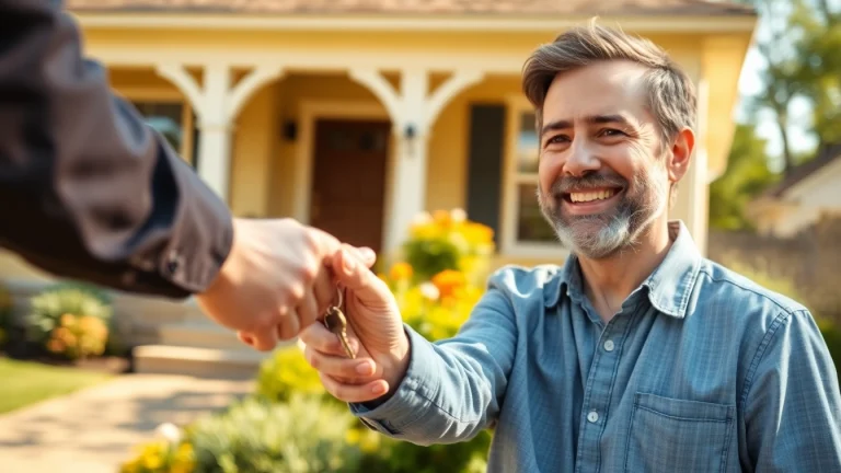 Sell my house no realtor Little Rock, AR, happy homeowners exchanging keys in front of a welcoming house.
