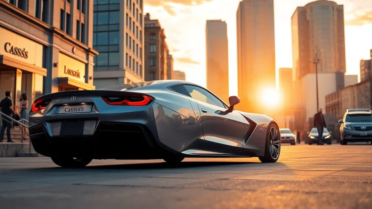Admire the perfect car gleaming in a stylish urban setting with an elegant city backdrop.