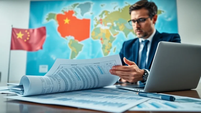 Analyzing import tariffs china with trade documents and charts in a professional setting.