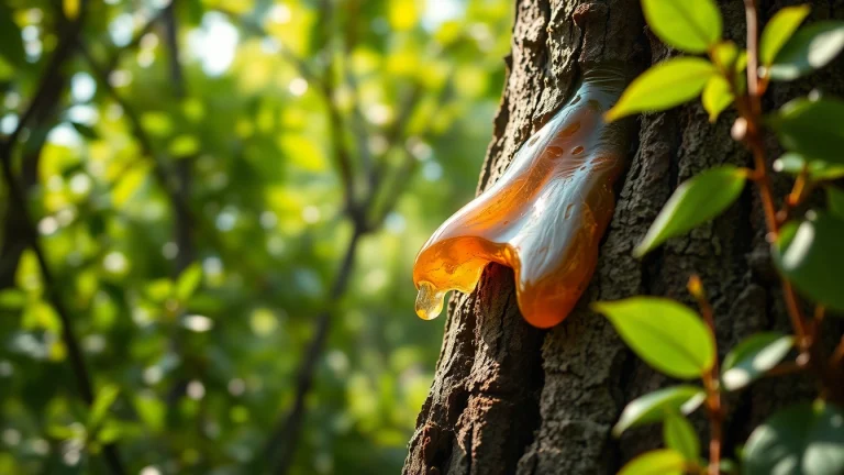 Benjoin resin being harvested from a tree surrounded by lush greenery.