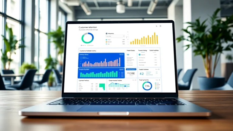 Visualizing Customer Retention Software analytics interface on a modern laptop in an engaging office environment.