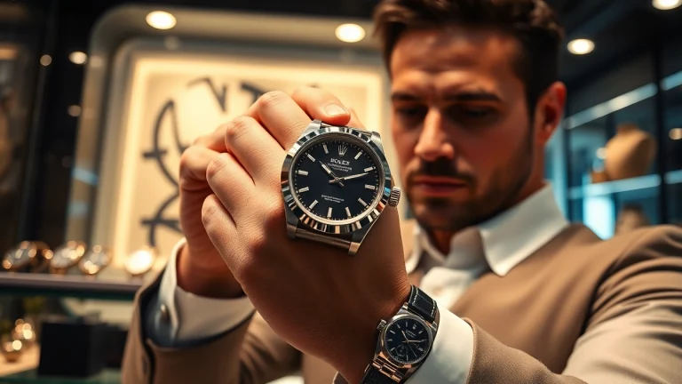 Sell luxury watch in a stylish setting with an expert examining a Rolex, showcasing sophistication.