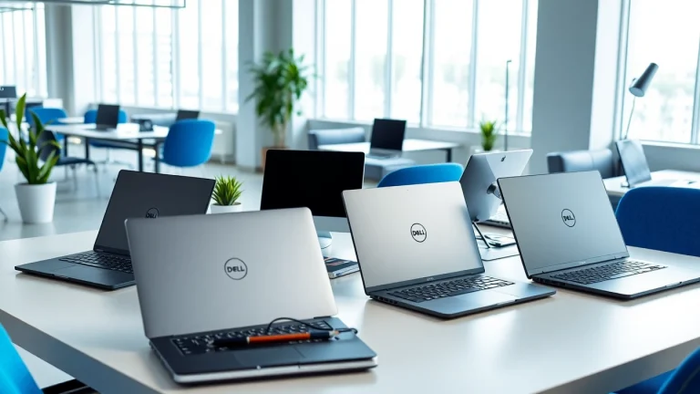 Compra laptops Dell de alto rendimiento en un entorno de oficina moderno y elegante.
