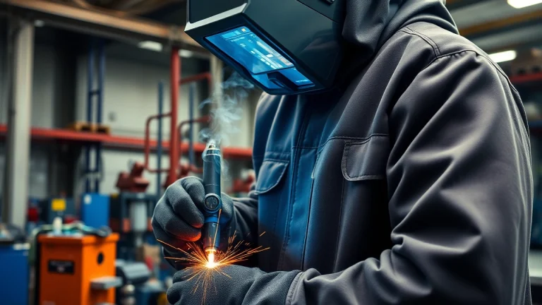Welder wearing a protective welding jacket while welding metal in a workshop.