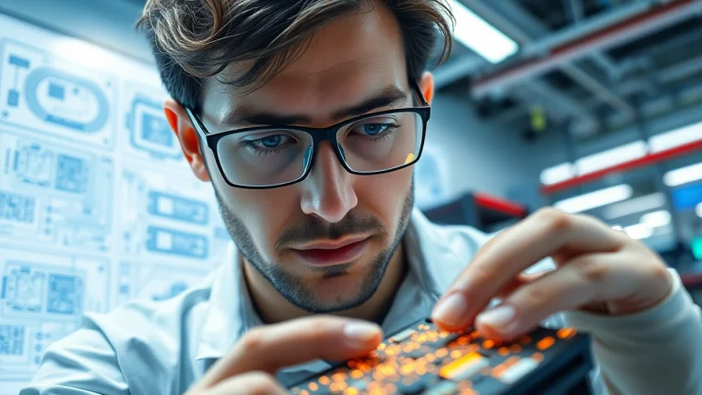 Engineer analyzing MICROCHIPS in a high-tech lab environment with blueprints and designs.