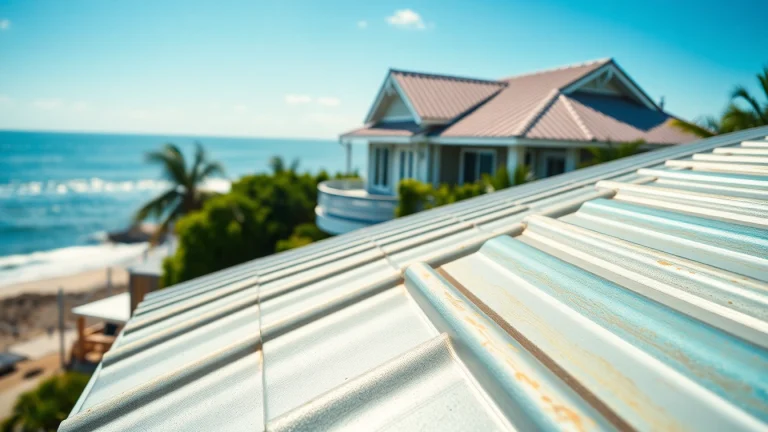 Showcasing coastal metal roofing on a picturesque coastal home with vibrant colors.