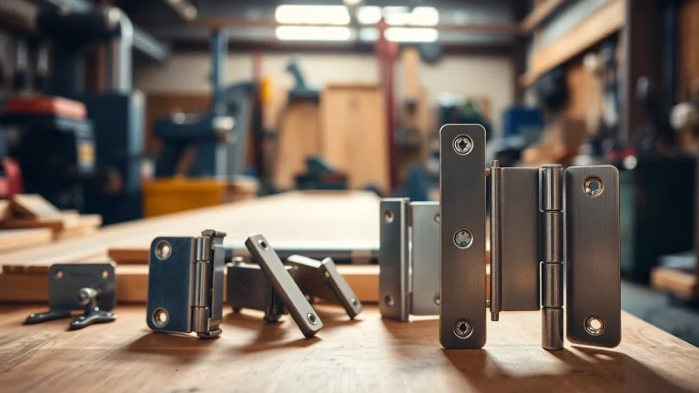 Showcase of Cabinet Hinge Manufacturers depicting diverse high-quality hinges in a workshop setting.