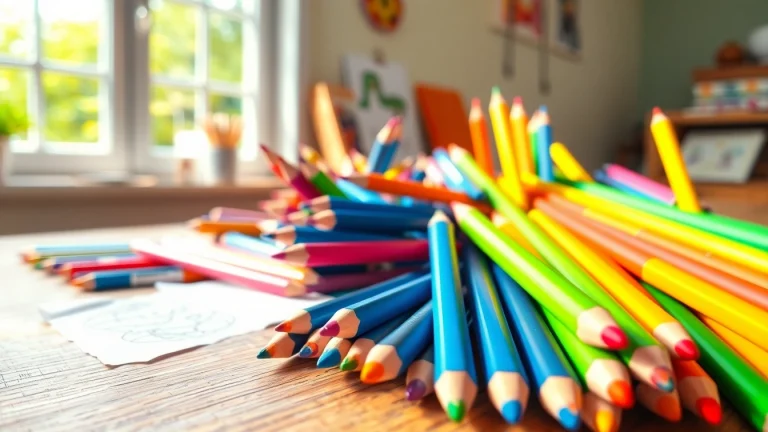 Kids colouring pencils displayed artistically, encouraging creativity and fun in children.