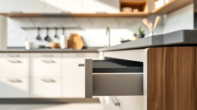 Smoothly opening slim box drawer system showcasing modern kitchen elegance and efficiency.