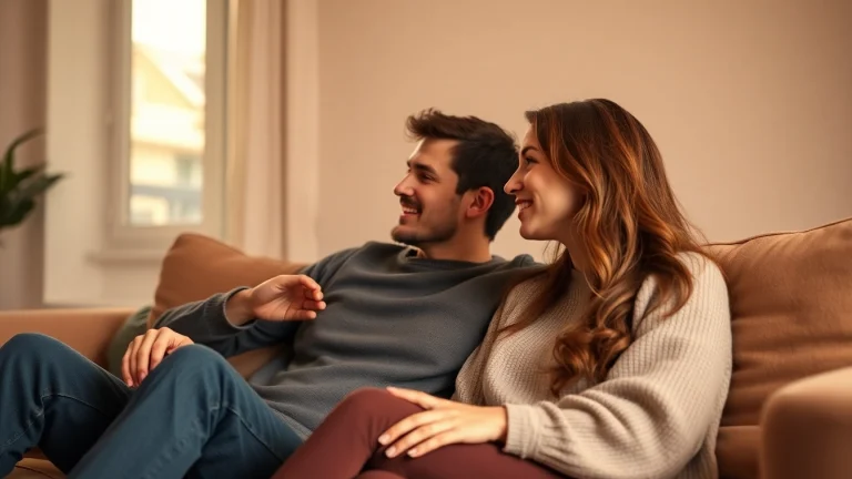 Couple engaged in meaningful communication in relationships in a cozy living room setting.