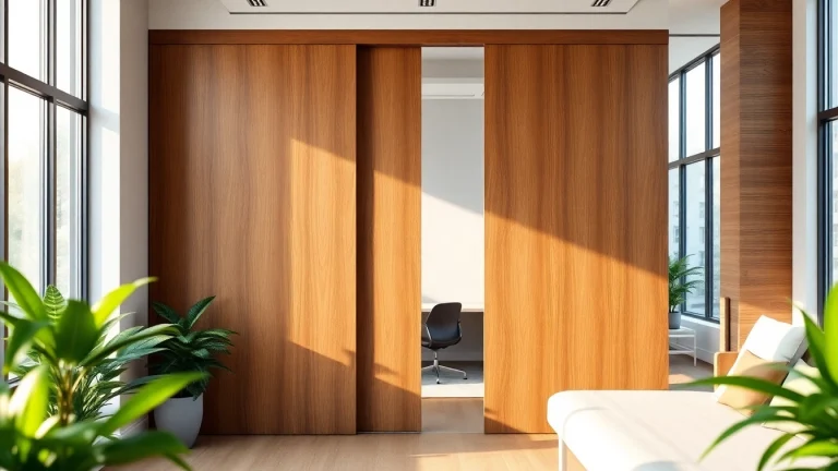 Showcase of a sliding partition wall enhancing space and privacy in an office setting.