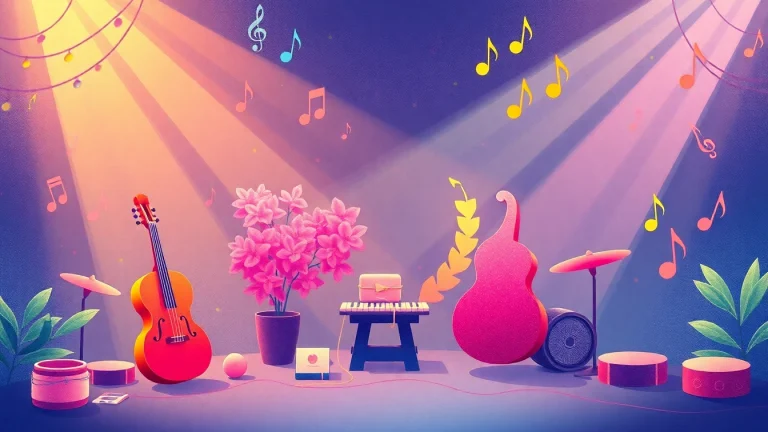 Engage with the vibrant 汽水音乐官网, showcasing colorful musical notes and instruments in a dynamic composition.