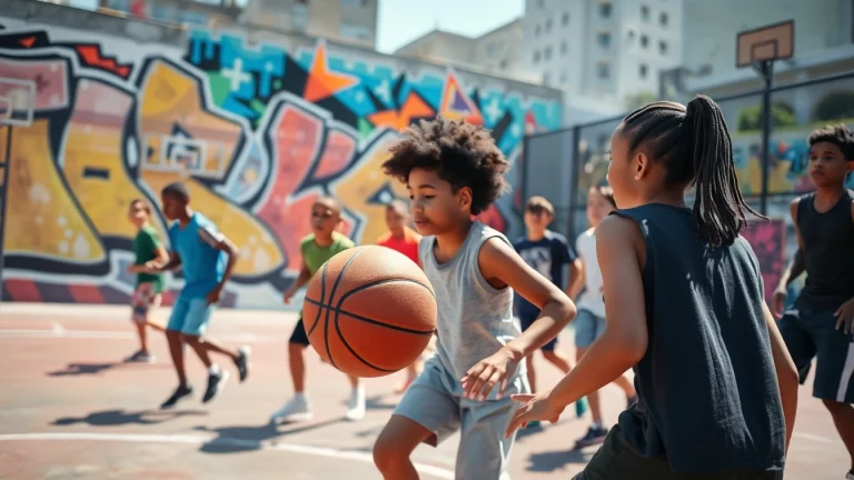 Young basketball enthusiasts practicing their skills on an urban court with vibrant murals.