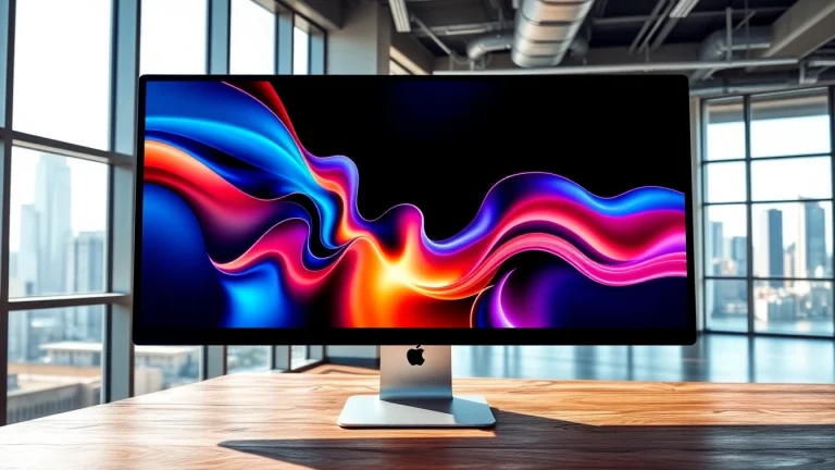 Buy Apple Pro Display showcasing a vibrant workspace with natural lighting and modern design.