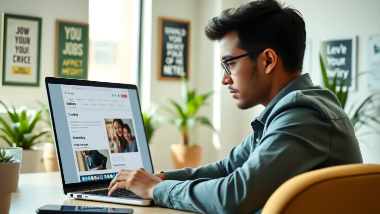 Engaged professional using an AI Job matching tool to find job opportunities in a modern workspace.