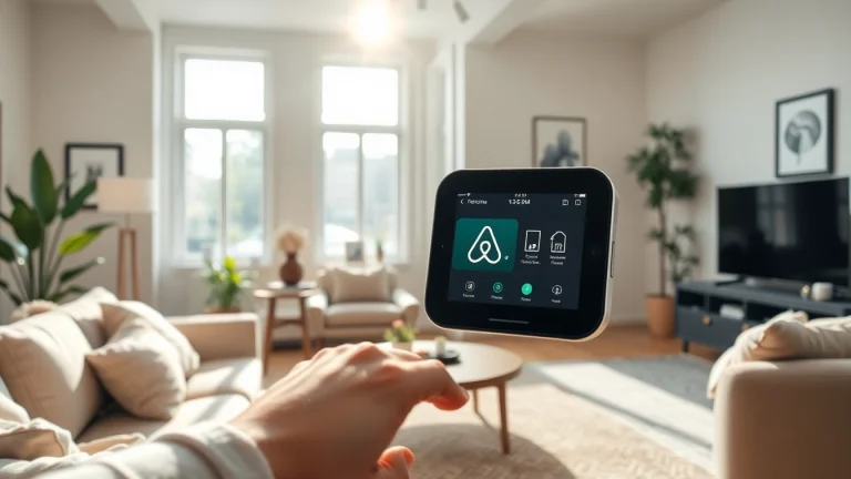 Engaging scene showcasing AI for Airbnb hosts in a stylish rental, highlighting a smart device.