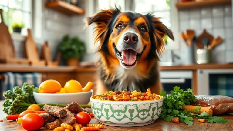 Dog enjoying badlands ranch superfood complete in a bright kitchen setting with fresh ingredients.
