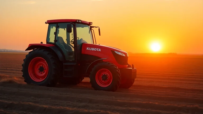 Kuboata-Traktor in Aktion auf einem weitläufigen Feld bei Sonnenuntergang.