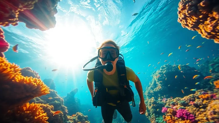 Scuba diver amidst vibrant corals, highlighting PADI Certified dive shops in Belize experience.