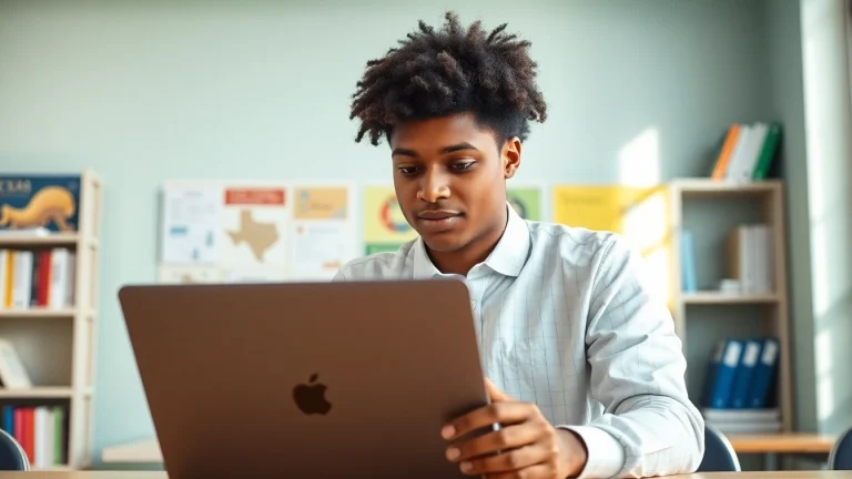Student engaged with online learning about the texas college bridge in a bright classroom.