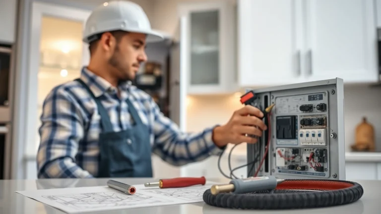 Electrician performing a detailed electrical panel upgrade in a clean kitchen setting.