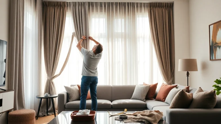 Experienced curtain fitters installing elegant curtains in a beautifully decorated room.