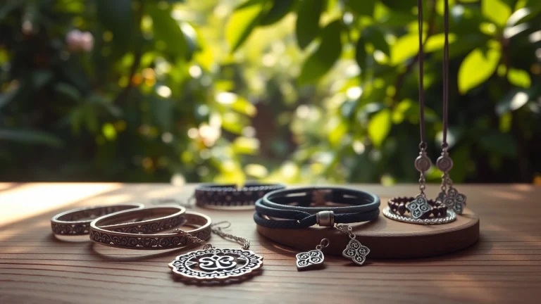Admire beautiful yoga jewelry showcased exquisitely in a relaxing outdoor setting.