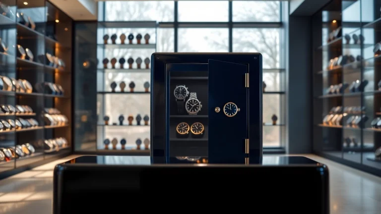 Showcase an elegant watch safe with luxurious watches displayed, offering security and style.
