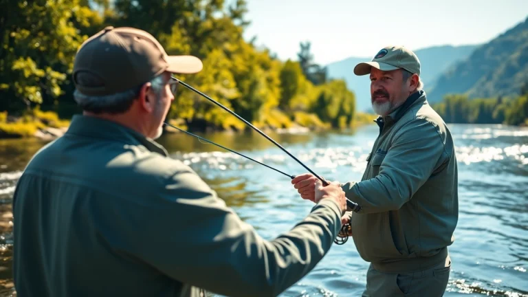 Engaging in fly fishing lessons near me with a professional instructor by a picturesque river.