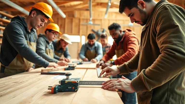 Participating in a carpentry apprenticeship near me, a diverse group collaborates on hands-on training.