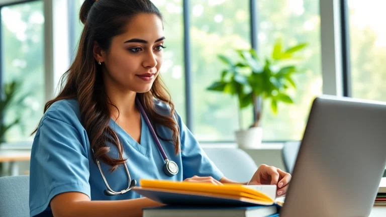Studying for RN CEUs in a modern classroom with a focused nurse.