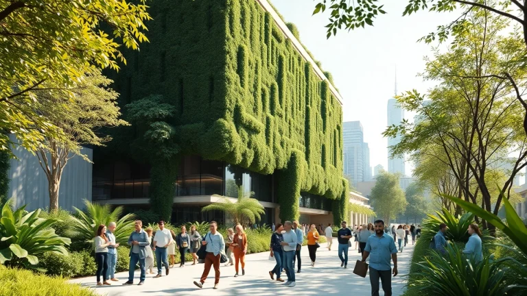 Architekturvisualisierung eines modernen Gebäudes mit Grünflächen und urbanem Hintergrund.