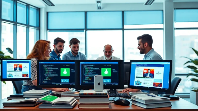 Team engaged in web development, showcasing vibrant designs and collaborative energy.