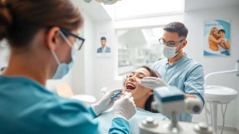 Patient receiving dental cleanings in a professional clinic setting, showing dentist's tools at work.