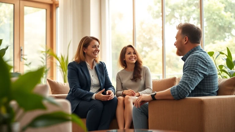 Relationship coach guiding a couple through meaningful conversation in a tranquil office space