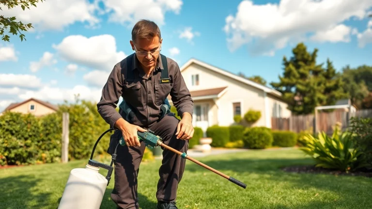Pest control services being performed by a technician in a residential setting with tools and greenery.