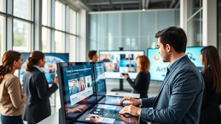 Utilize a free signage platform for businesses featuring modern digital solutions in a collaborative workspace.