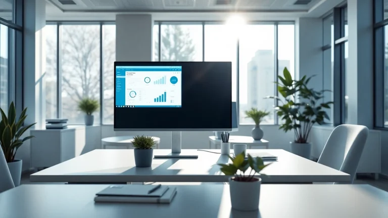 Effiziente Verwendung von Office 2024 in einem modernen Büro-Setup mit hellem Lichteinfall.