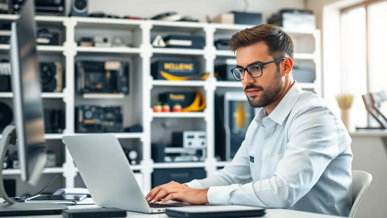 Get reliable computer help near me with a professional technician assisting in a tech-filled workspace.