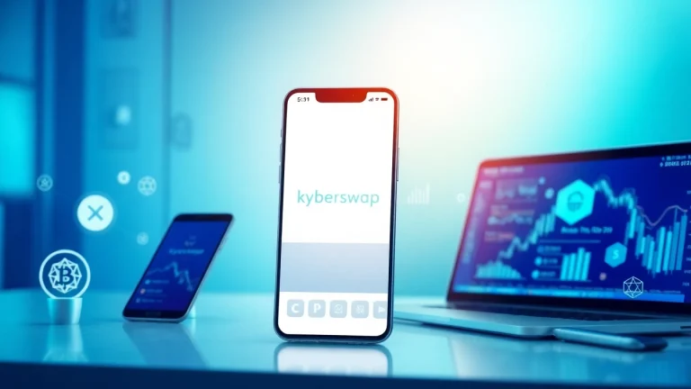 Engaging interface displaying kyberswap with financial graphs in a modern workspace.