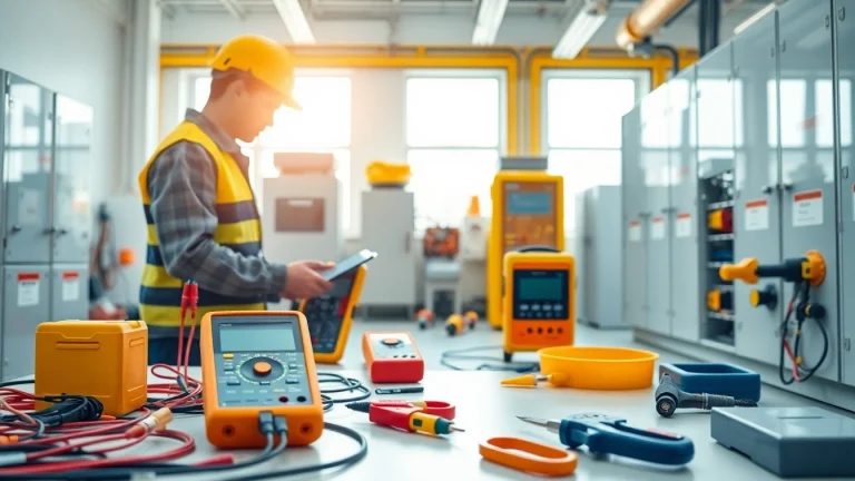 Conducting Electrical Testing procedures with advanced tools in a bright workshop environment.