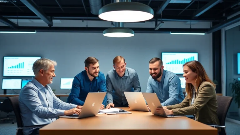 Managed IT provider team collaborating in a modern office environment showcasing technology solutions.