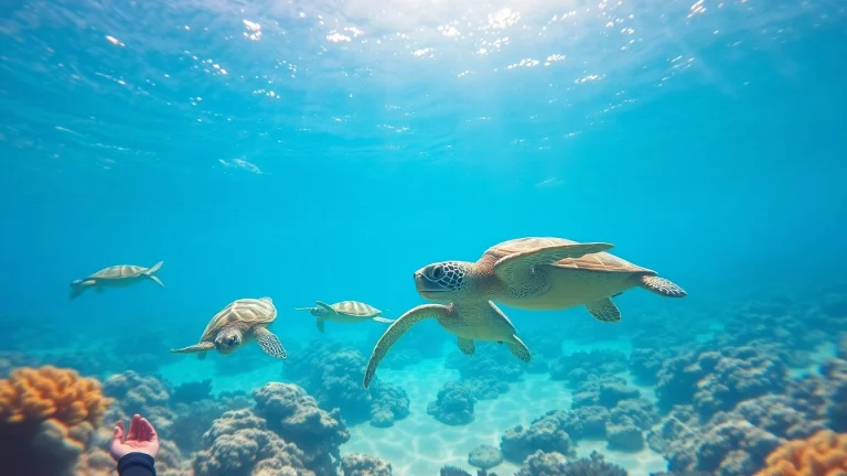 Snorkeler enjoying an unforgettable turtle snorkel experience with sea turtles swimming nearby.
