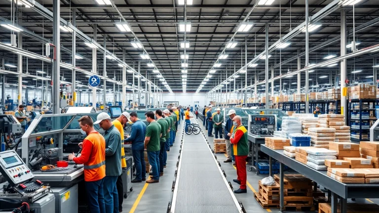 Manufacturers collaborating in a vibrant factory, emphasizing teamwork and productivity.